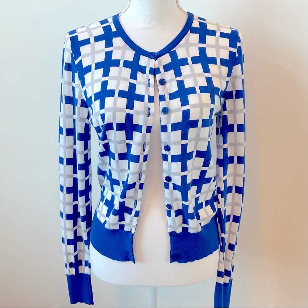 CAbi Frame Knit Blue White Gray Cardigan Style 695